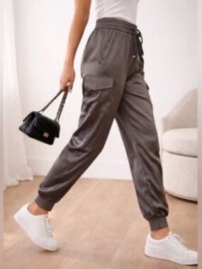 Cami NYC Elsie Silk Charmeuse Cargo Jogger Pant Slate Gray Size Medium
